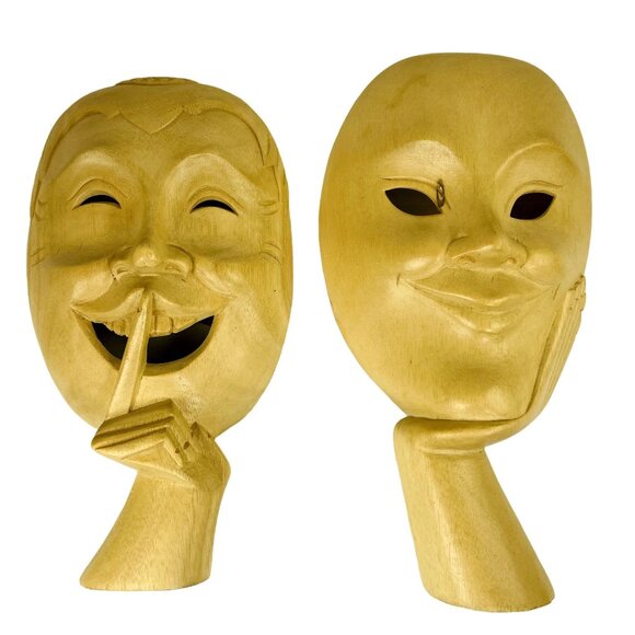 Vintage Bali Comedy Tragedy Carved Wood Plaque Tribal Theater Mask Wall Art u